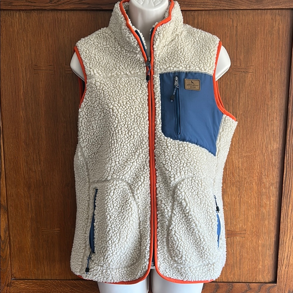 Eddie Bauer Sherpa Vest Medium. Cream with blue and orange accents. Never worn